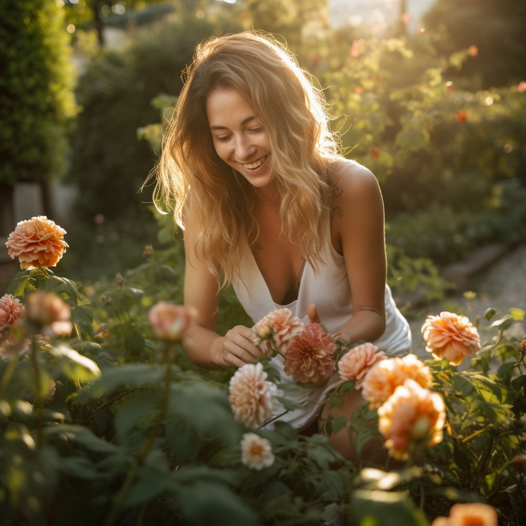 uśmiechnięta kobieta pielęgnuje róże w ogrodzie, pracuje metodą hortiterapii